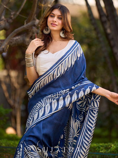 Artisan Blue Tussar Silk Saree with Bold Prints
