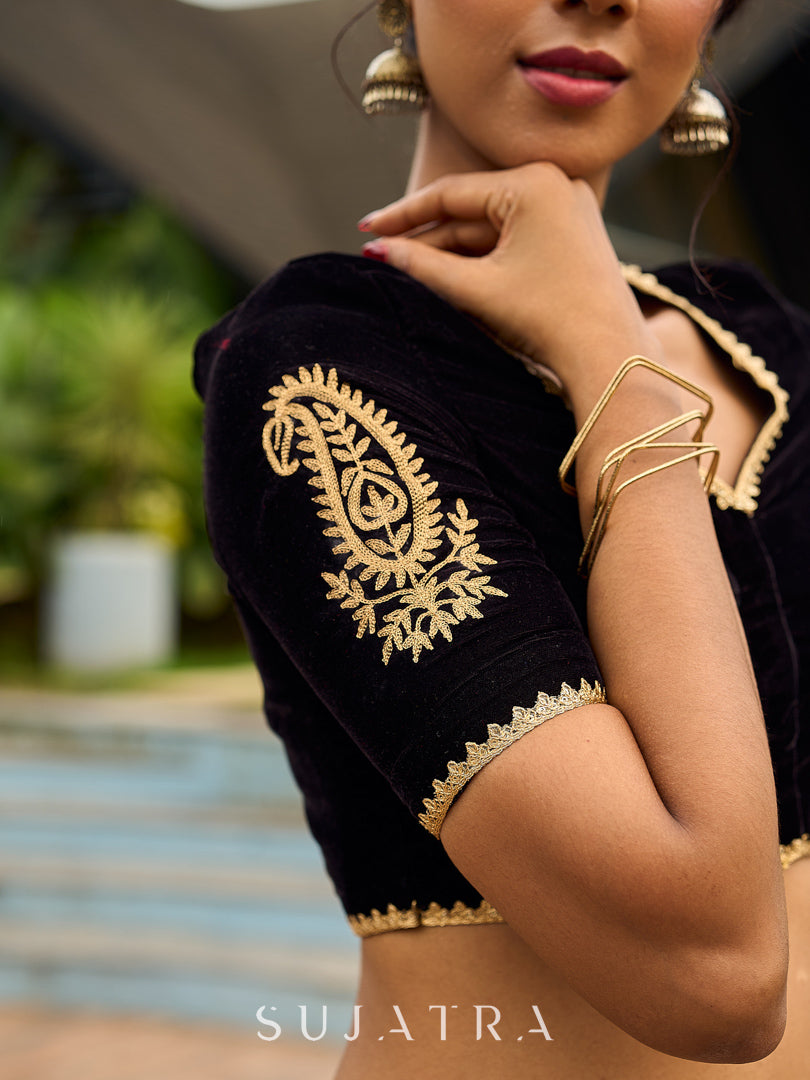 Contemporary Black Velvet Blouse with Embroidered Sleeves & Back