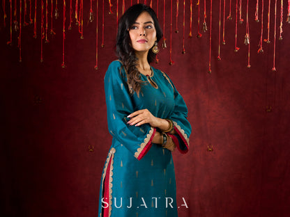 Radiant Teal Silk Kurta with Golden Self-Butta Design
