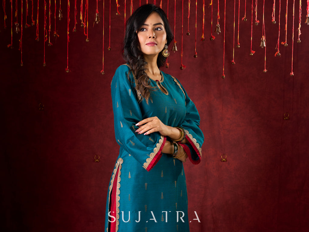 Radiant Teal Silk Kurta with Golden Self-Butta Design