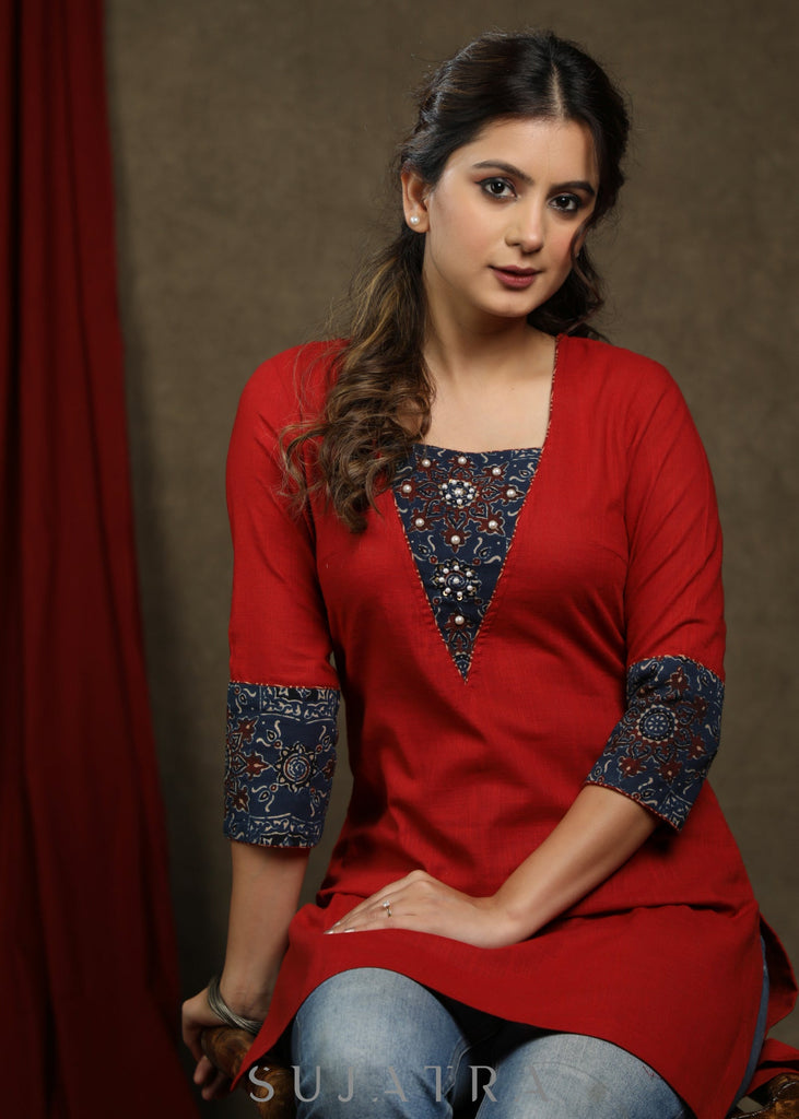 Elegant maroon cotton tunic with ajrakh combination highlighted with beautiful pearls