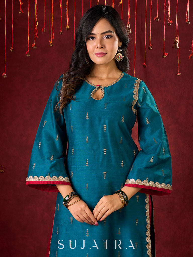 Radiant Teal Silk Kurta with Golden Self-Butta Design