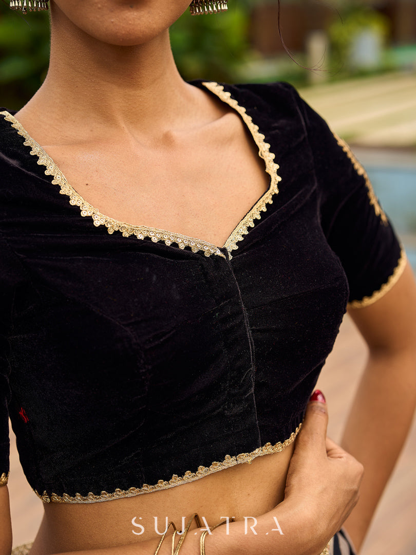 Contemporary Black Velvet Blouse with Embroidered Sleeves & Back