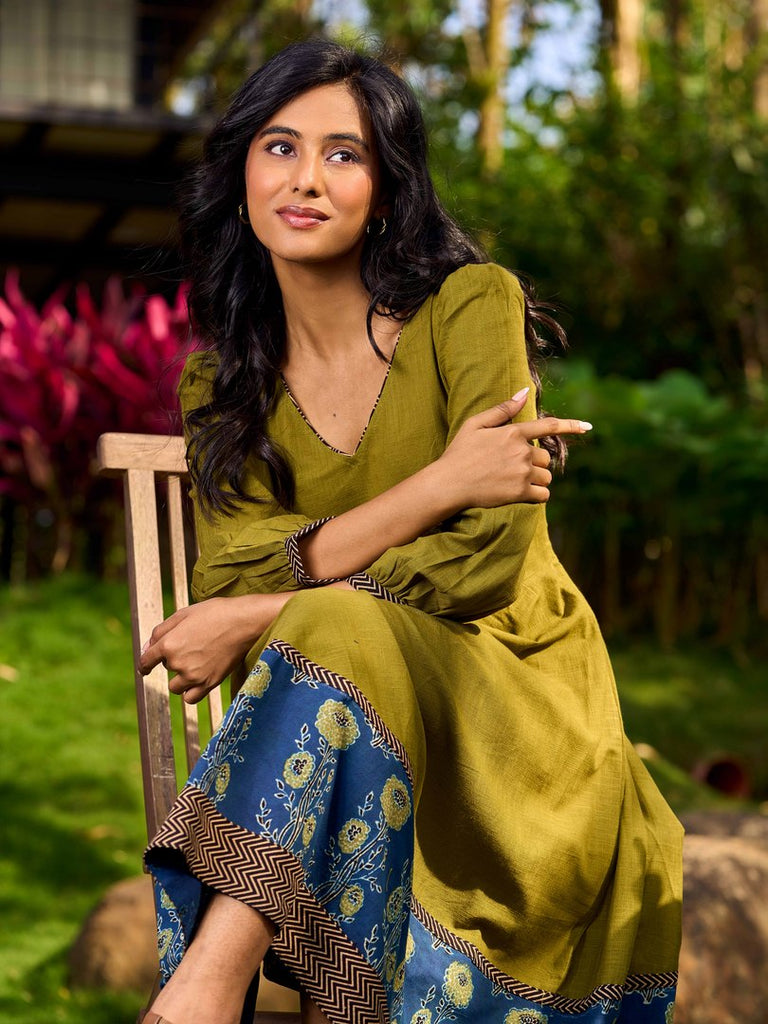 Olive Green Dress with Contrast Ajrakh Handblock Print Border and Puff Sleeves
