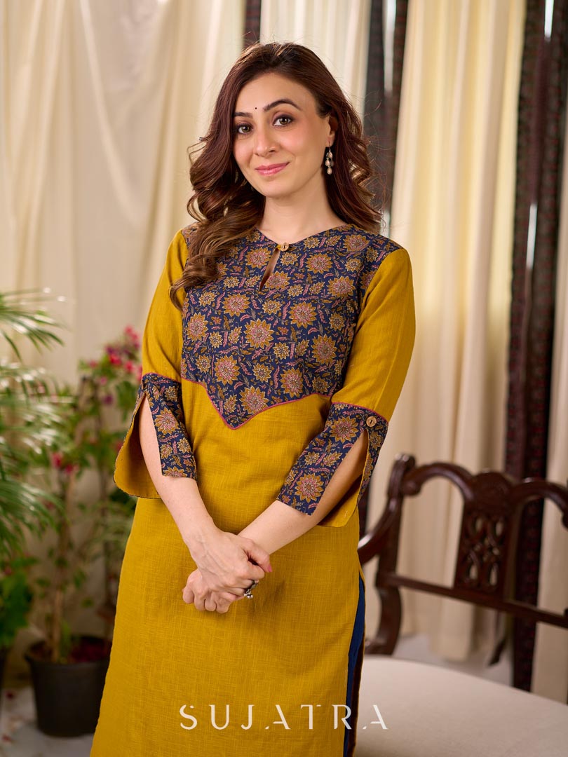 Bright Mustard Cotton Straight Kurta with Dark Blue Floral Yoke Detail