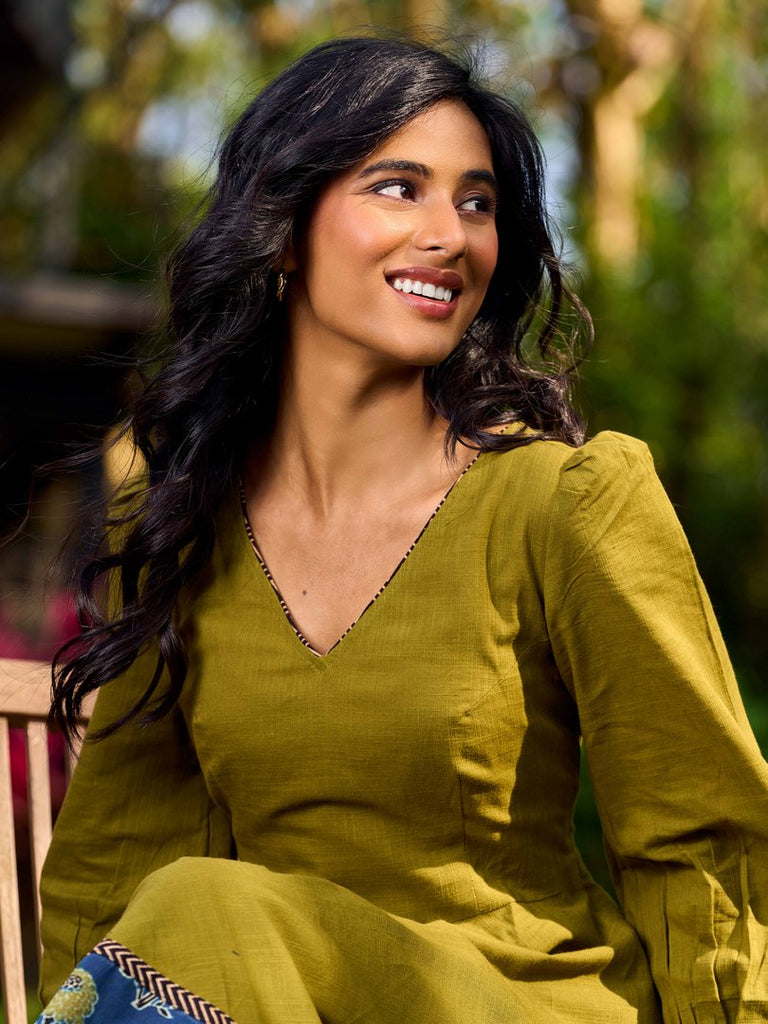 Olive Green Dress with Contrast Ajrakh Handblock Print Border and Puff Sleeves