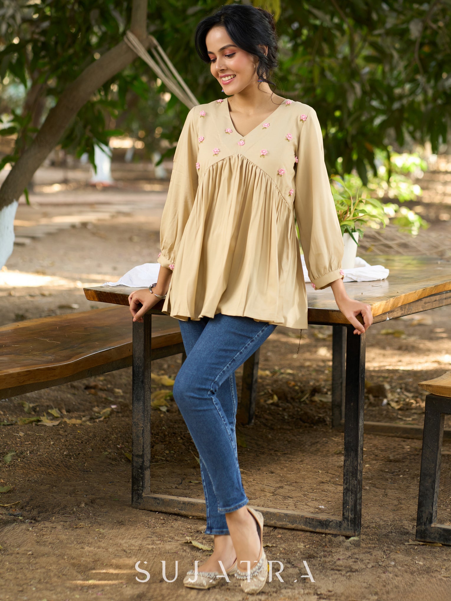 Blissful Beige Cotton Rayon Peplum Top with Ethereal Gathers
