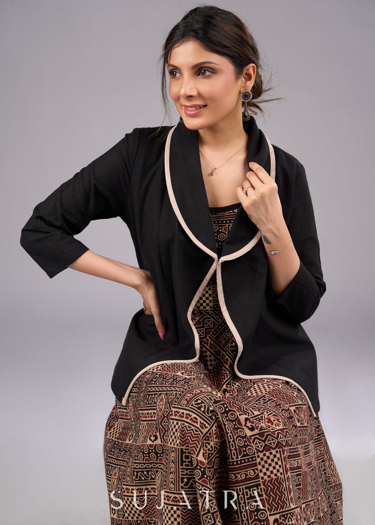 Ajrakh Allure Black Strappy Cotton Flared Dress - Black Cotton jacket Optional