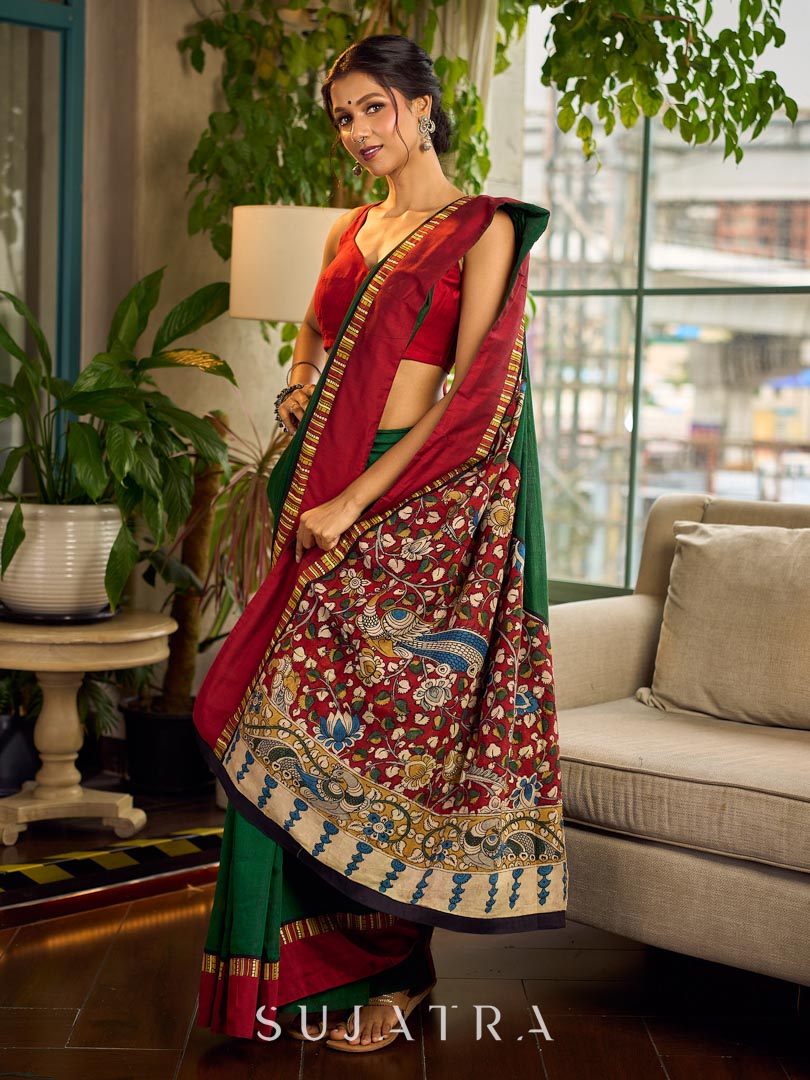 Classic Bottle Green Cotton Saree with Contrast Maroon Border & Hand Painted Pen Kalamkari Pallu