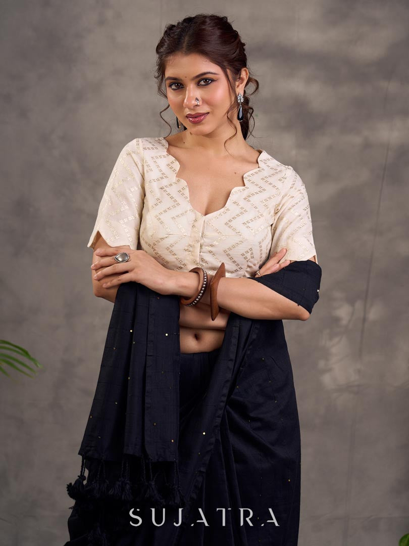 Refined Black Cotton Saree with Sequins Embellishment