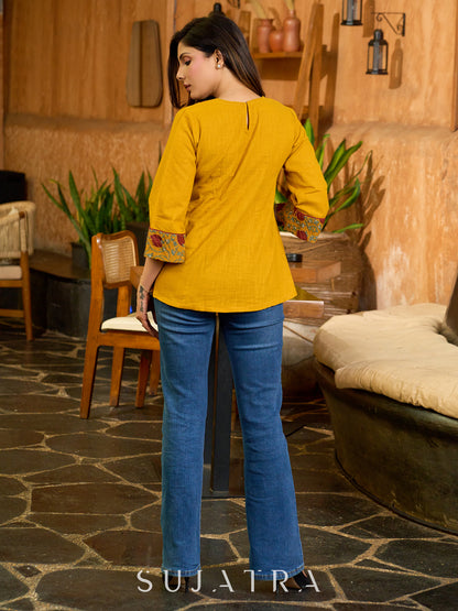 Handcrafted Mustard Cotton Top with Floral Print Pintucks Yoke and Sleeves