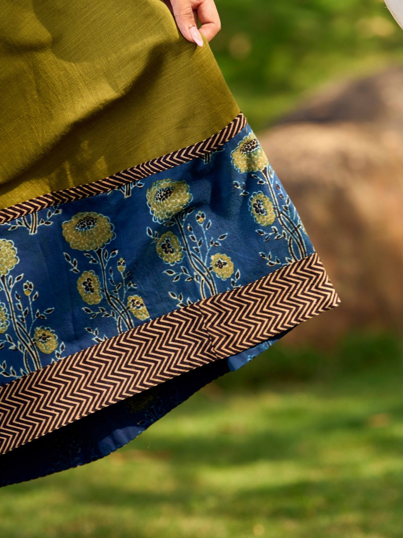 Olive Green Dress with Contrast Ajrakh Handblock Print Border and Puff Sleeves