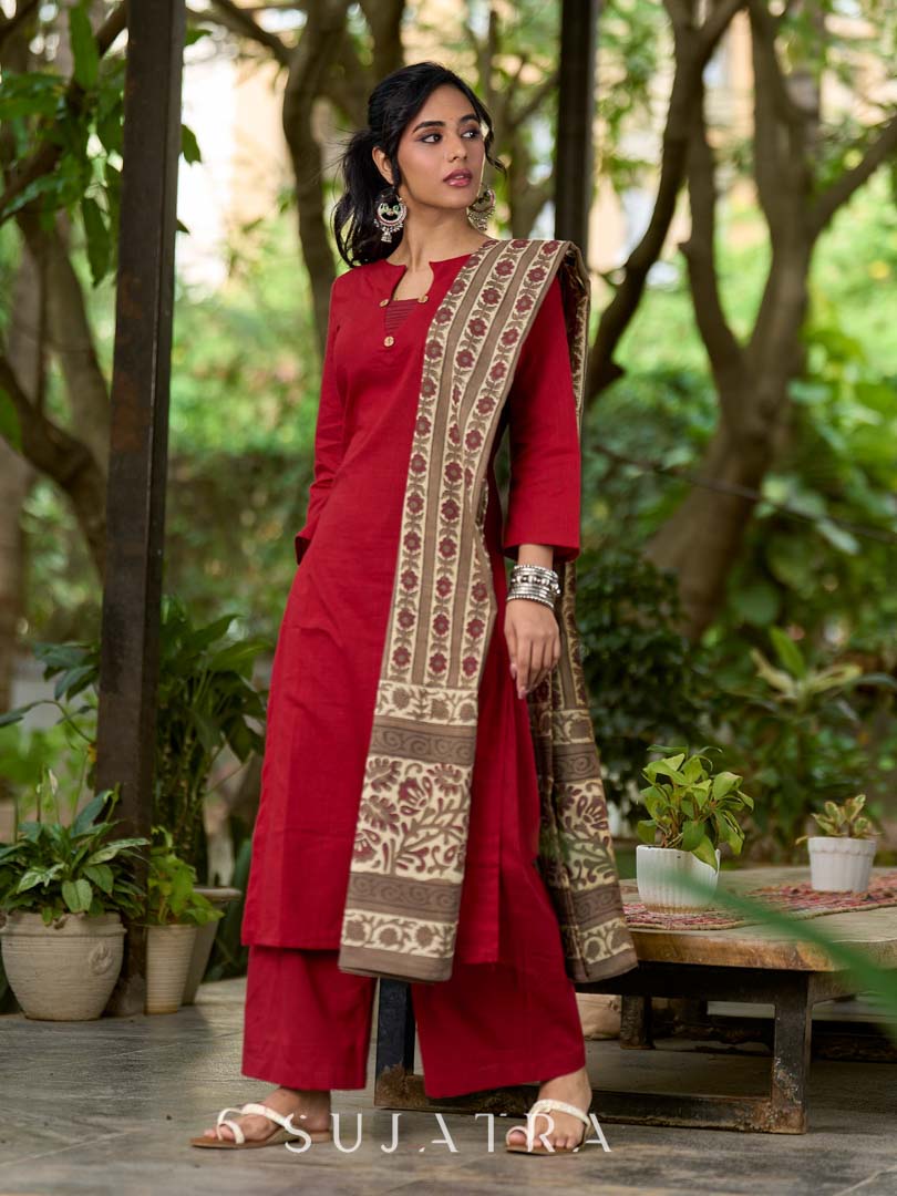 Deep Earthy Brown Mul Cotton Dupatta with Traditional Prints