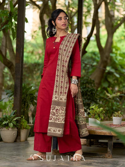 Deep Earthy Brown Mul Cotton Dupatta with Traditional Prints