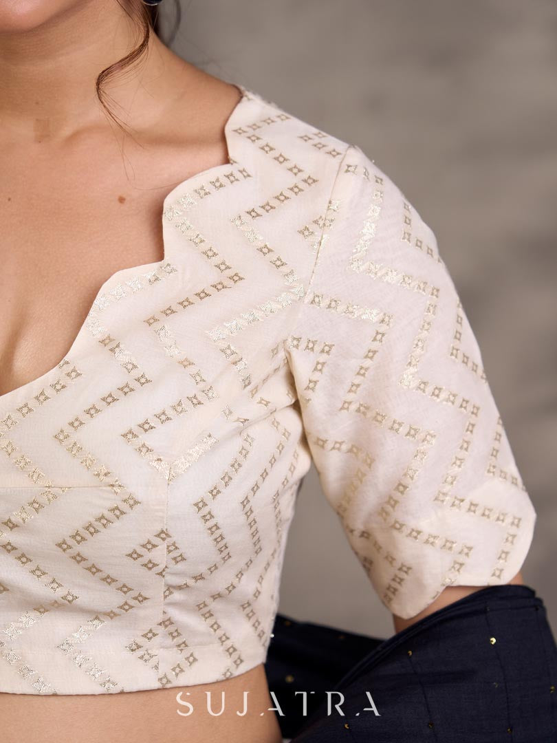 Cream Brocade Elbow Sleeve Blouse with Woven Design and Scalloped Neckline Trim