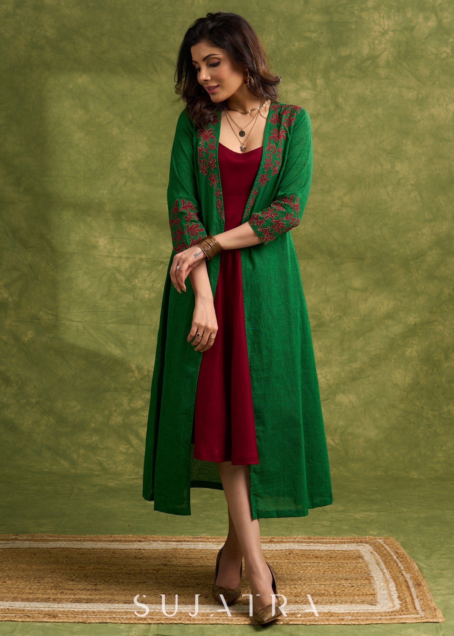 Hand Crafted Emerald Green Cotton Shrug With Vibrant Maroon Applique Accents   Dress Optional