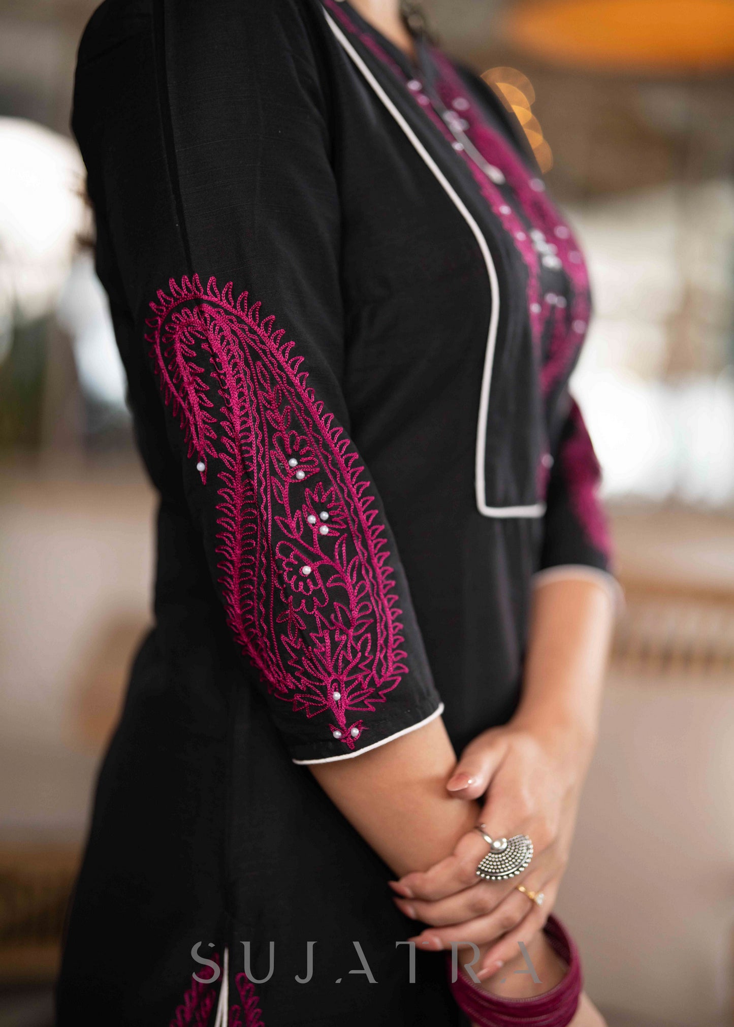 Elegant Black Cotton Silk Kurta With Magenta Embroidery All Over -  Pant Optional