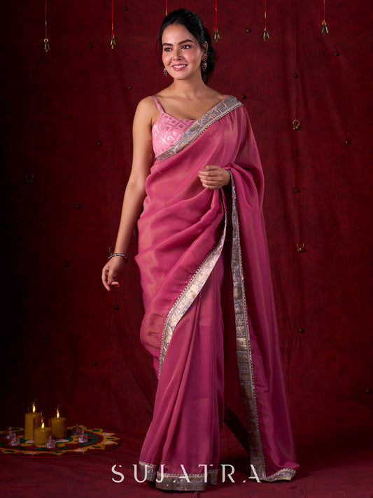 Blush Pink Tissue Saree with Grey Brocade Border & Mirror Lace Detailing