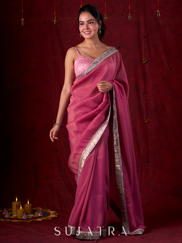 Blush Pink Tissue Saree with Grey Brocade Border & Mirror Lace Detailing