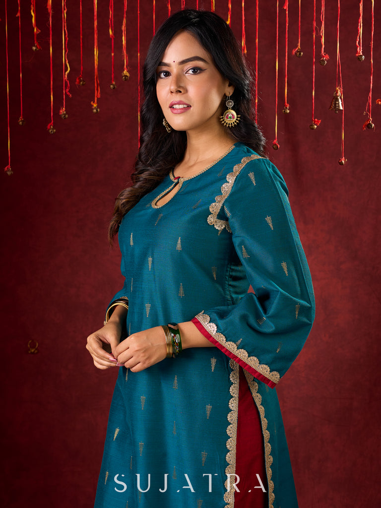 Radiant Teal Silk Kurta with Golden Self-Butta Design