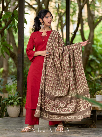 Deep Earthy Brown Mul Cotton Dupatta with Traditional Prints