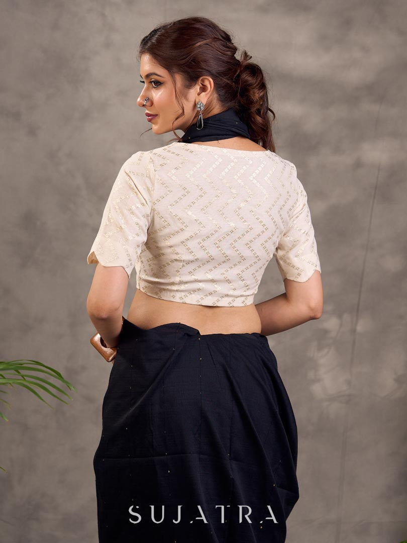 Cream Brocade Elbow Sleeve Blouse with Woven Design and Scalloped Neckline Trim
