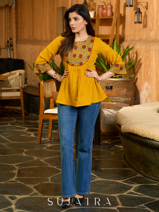 Handcrafted Mustard Cotton Top with Floral Print Pintucks Yoke and Sleeves