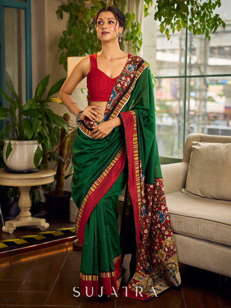 Classic Bottle Green Cotton Saree with Contrast Maroon Border & Hand Painted Pen Kalamkari Pallu