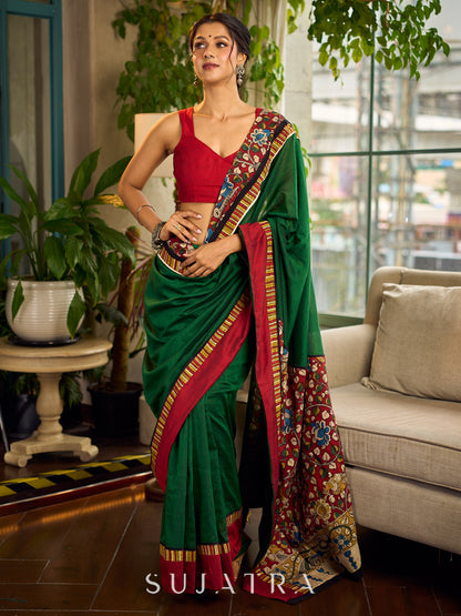 Classic Bottle Green Cotton Saree with Contrast Maroon Border & Hand Painted Pen Kalamkari Pallu