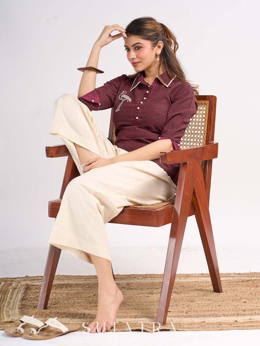 Maroon Cotton Contemporary Top with Embroidered Flamingo and Button Down Yoke