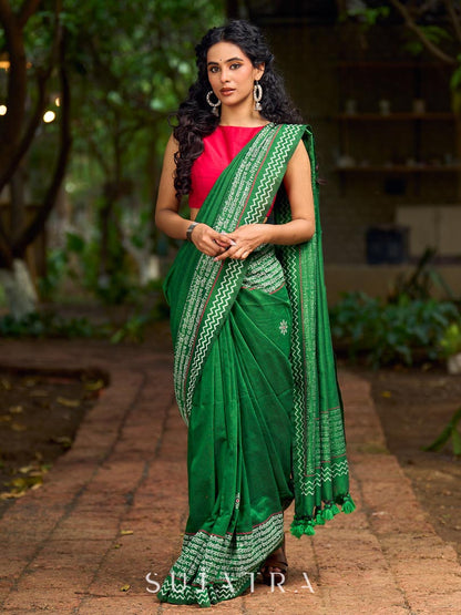 Refined Green Cotton Saree with Hand Block Printed Slogan Border & Contrasting Pink Accents