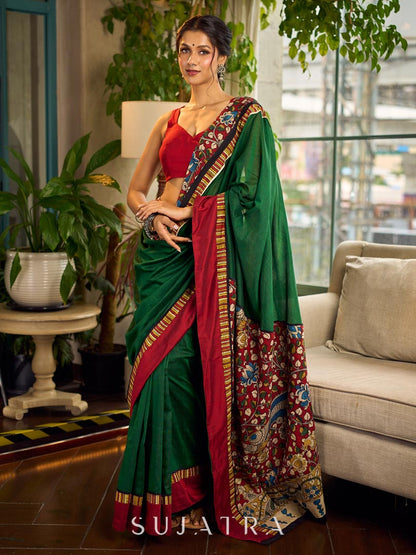 Classic Bottle Green Cotton Saree with Contrast Maroon Border & Hand Painted Pen Kalamkari Pallu
