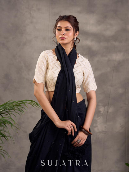 Cream Brocade Elbow Sleeve Blouse with Woven Design and Scalloped Neckline Trim