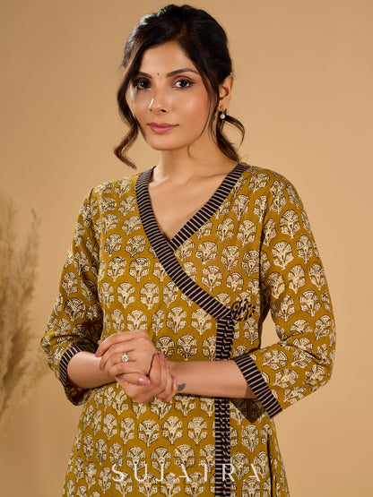 Olive Bloom Mul Cotton Angrakha Style Kurta with Black Contrast Border