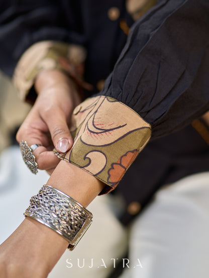 Charcoal Black Cotton Shirt with Asymmetrical Kalamkari Floral Panel