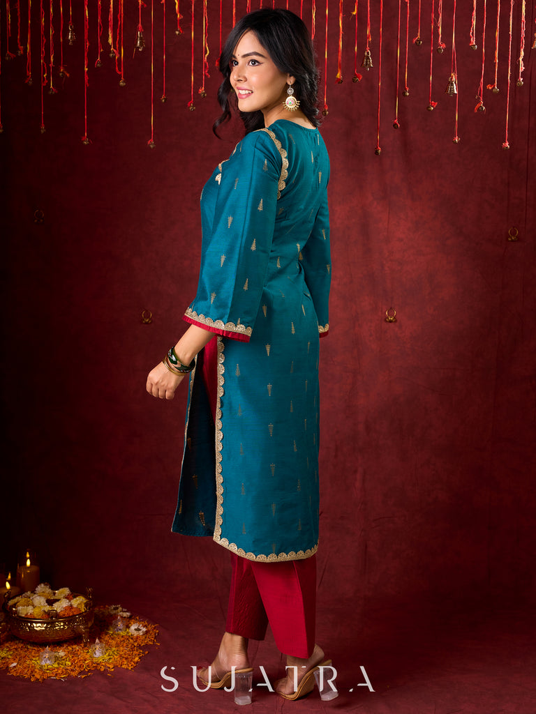 Radiant Teal Silk Kurta with Golden Self-Butta Design