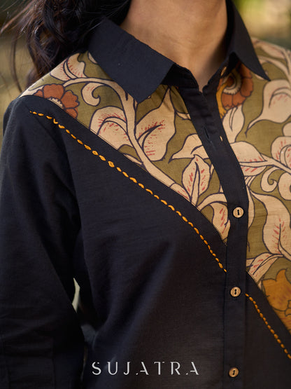 Charcoal Black Cotton Shirt with Asymmetrical Kalamkari Floral Panel