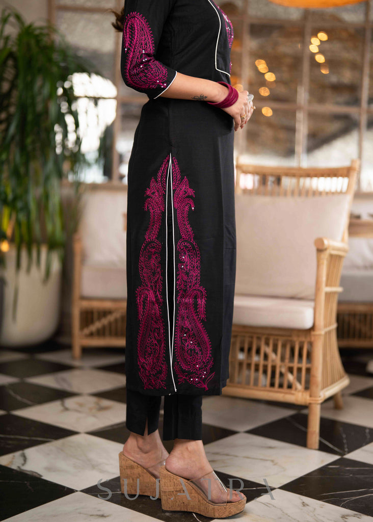 Elegant Black Cotton Silk Kurta With Magenta Embroidery All Over -  Pant Optional