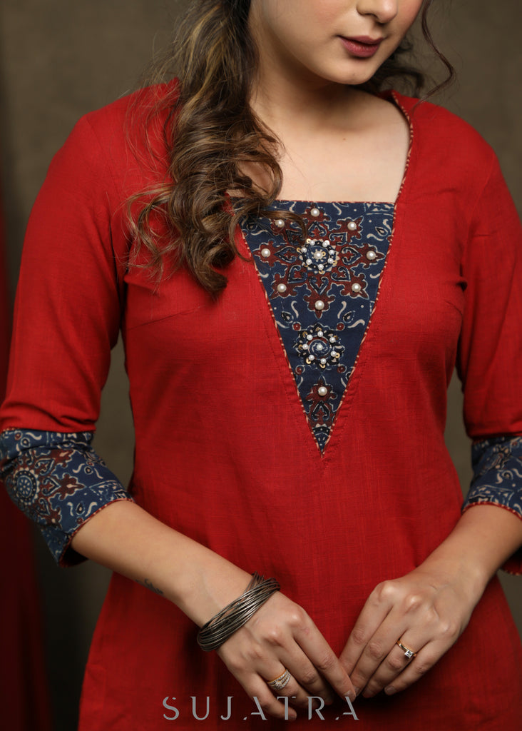 Elegant maroon cotton tunic with ajrakh combination highlighted with beautiful pearls