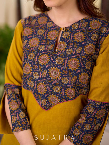 Bright Mustard Cotton Straight Kurta with Dark Blue Floral Yoke Detail