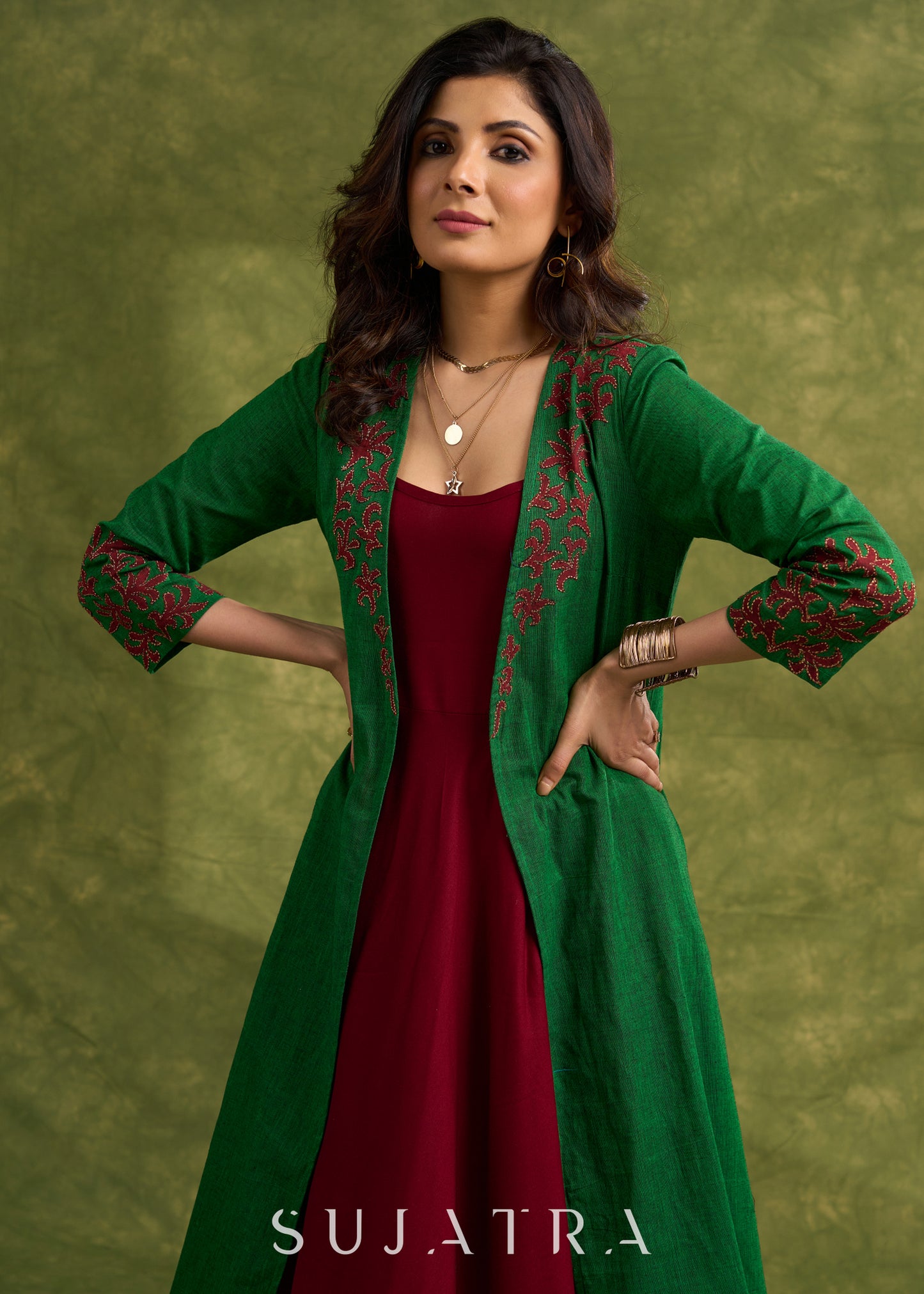 Hand Crafted Emerald Green Cotton Shrug With Vibrant Maroon Applique Accents   Dress Optional