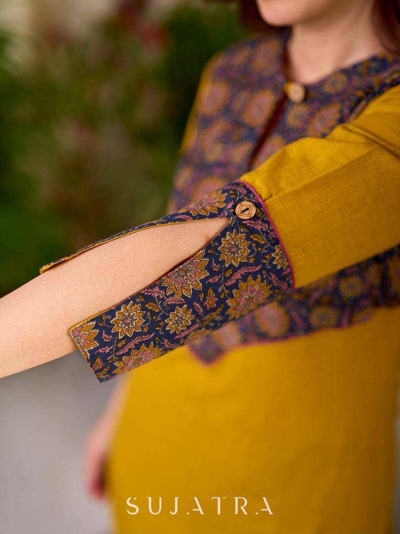 Bright Mustard Cotton Straight Kurta with Dark Blue Floral Yoke Detail