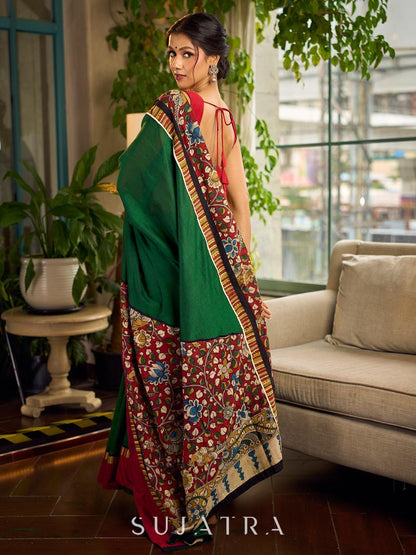 Classic Bottle Green Cotton Saree with Contrast Maroon Border & Hand Painted Pen Kalamkari Pallu