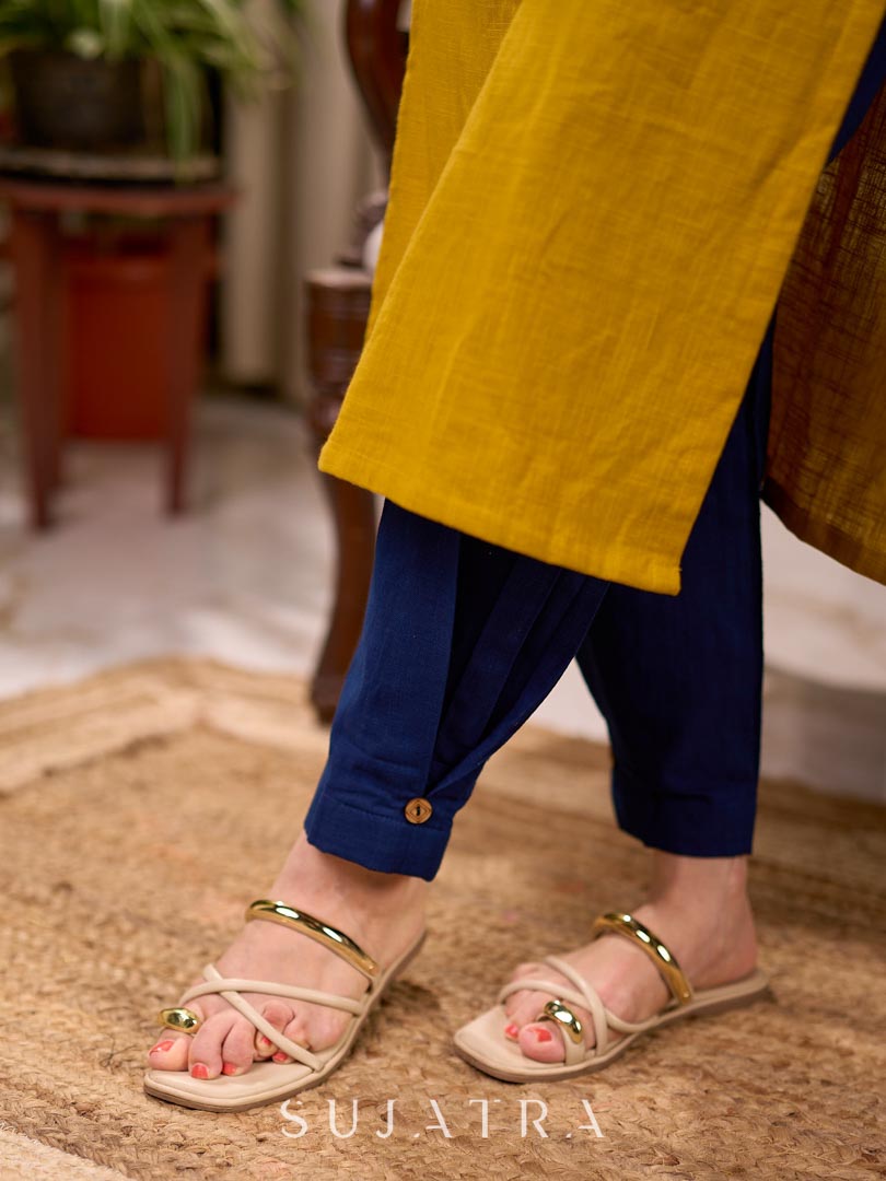 Bright Mustard Cotton Straight Kurta with Dark Blue Floral Yoke Detail