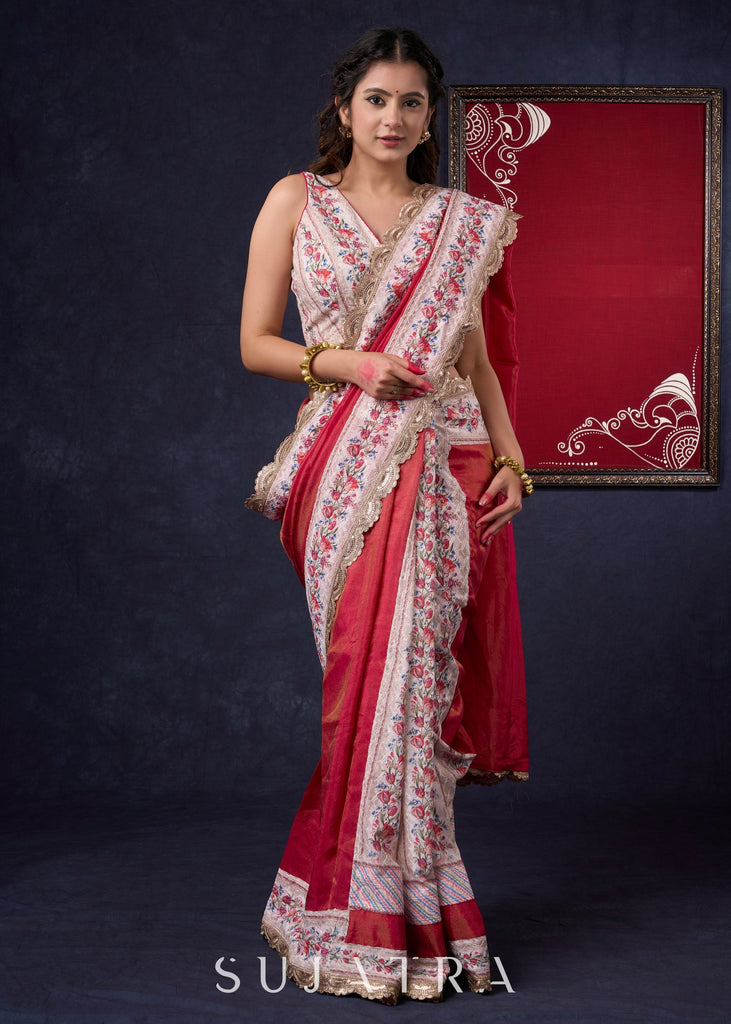 Gorgeous Pink Tissue Saree with Chickankari Pleats & Border highlighted with Gold border