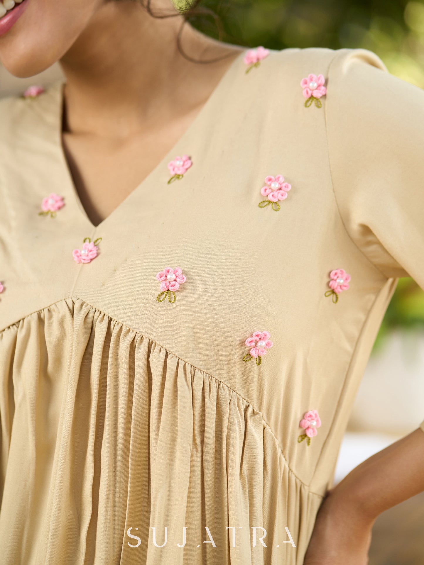 Blissful Beige Cotton Rayon Peplum Top with Ethereal Gathers & Exquisite Hand Embroidered Florals