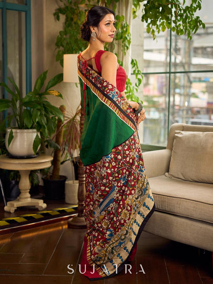 Classic Bottle Green Cotton Saree with Contrast Maroon Border & Hand Painted Pen Kalamkari Pallu