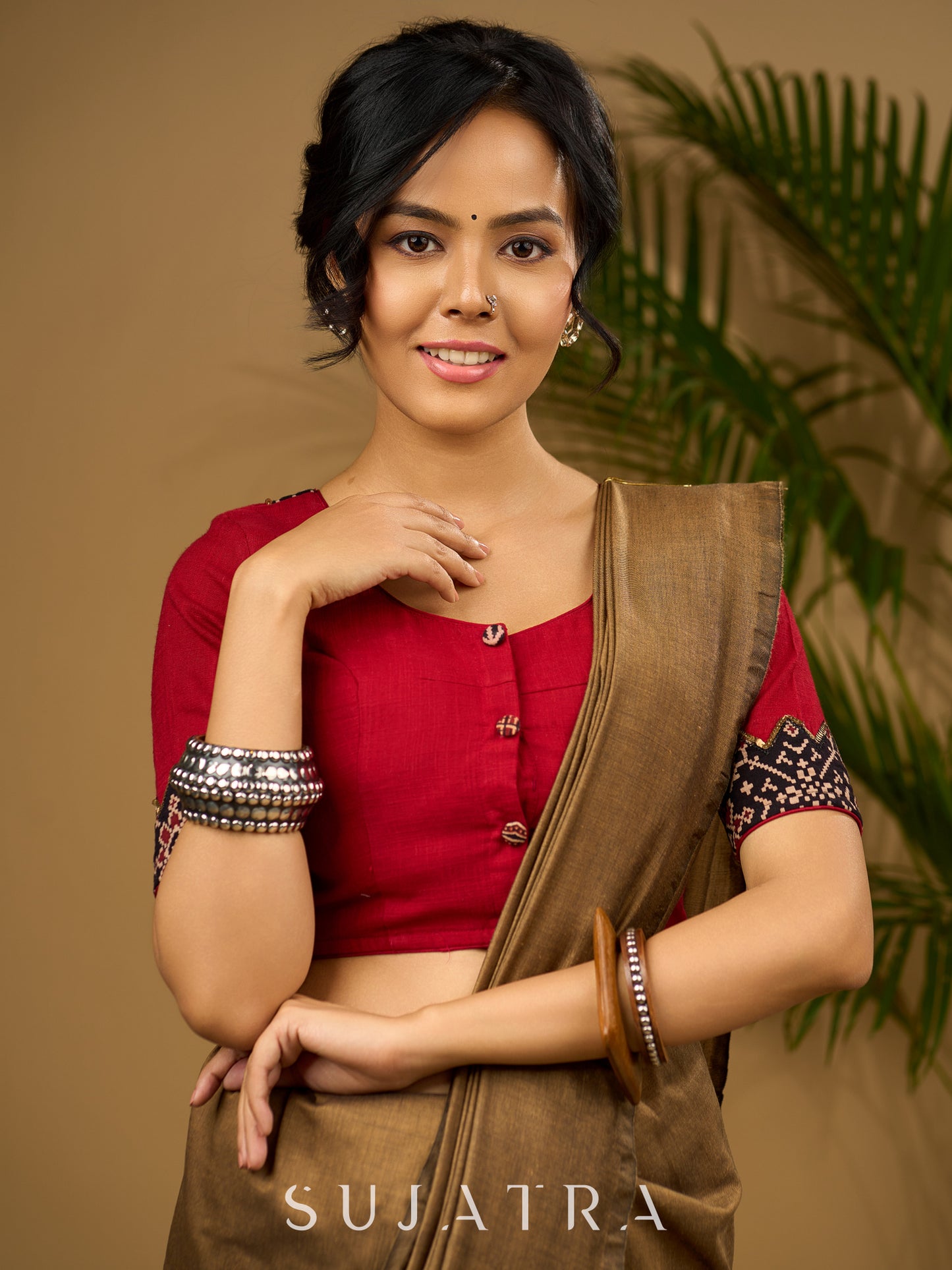 Exclusive hand embroidered maroon ajrakh cut work blouse - Optional Plain Saree