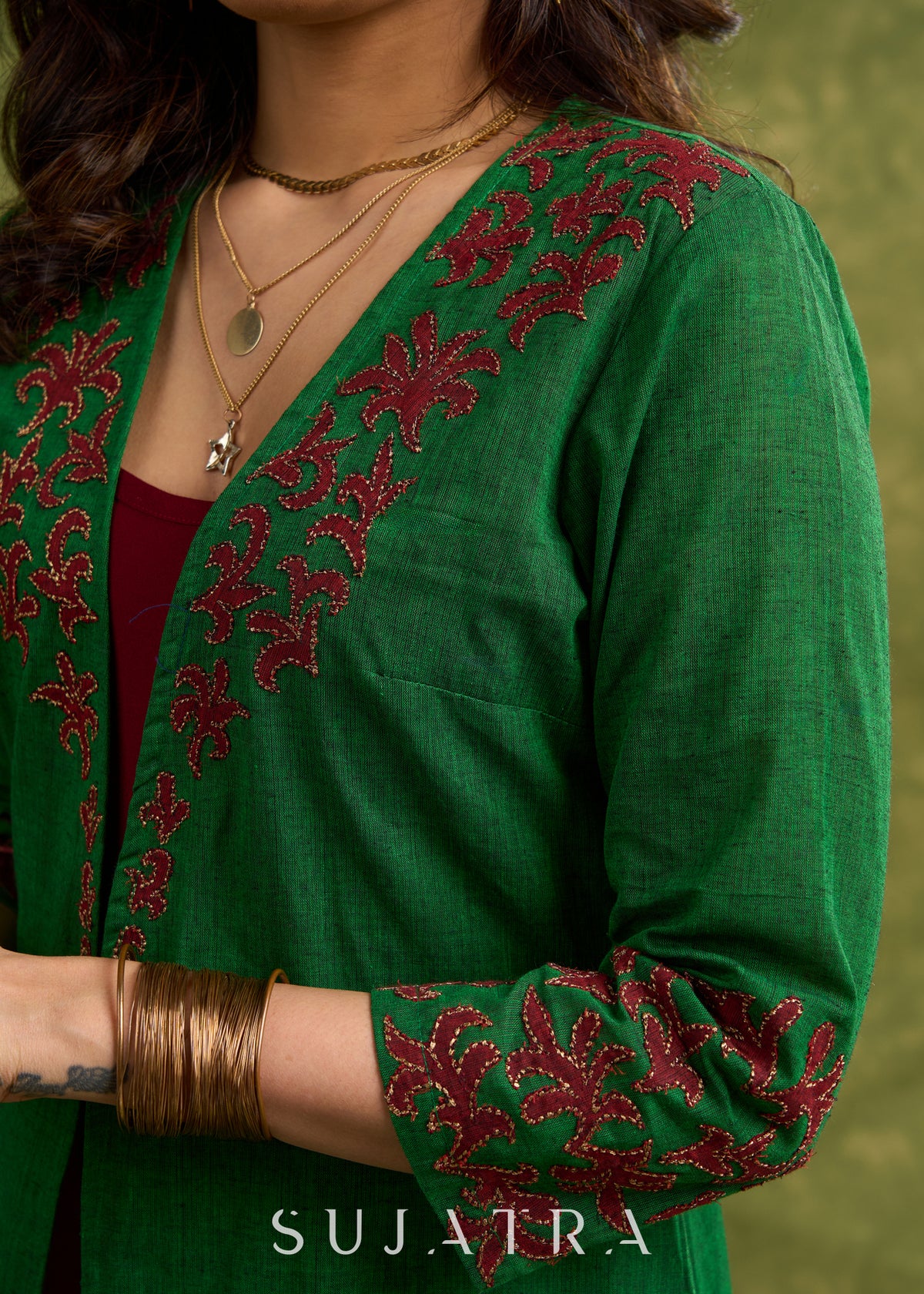 Hand Crafted Emerald Green Cotton Shrug With Vibrant Maroon Applique Accents - Dress Optional