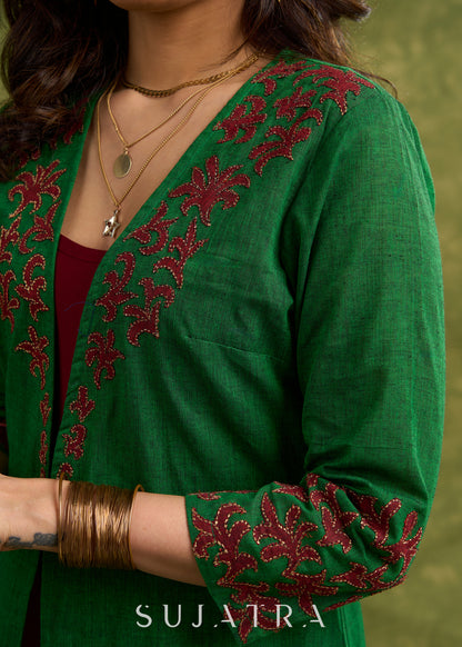 Hand Crafted Emerald Green Cotton Shrug With Vibrant Maroon Applique Accents   Dress Optional